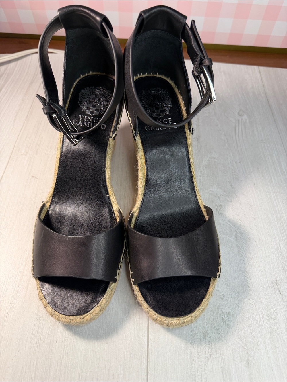 Vince Camuto Black Leather Espadrille Wedge Sandal with Ankle Strap - Picture 4 of 15